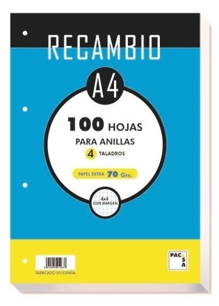 RECAMBIO FOLIO 100HJ 4 TALADROS CUADRO 4MM MRG 70G PACSA