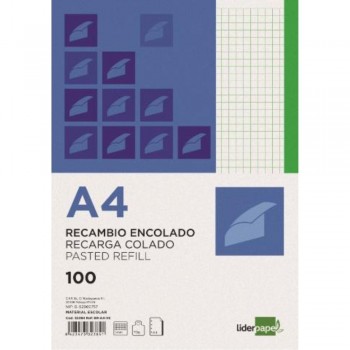 RECAMBIO ENCOLADO A4 100H C/5 BANDA COLOR VERDE LIDERPAPEL