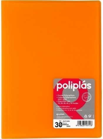 CARPETA FUNDAS POLIPLAS TRANSL. FOLIO 30 FUNDAS NARANJA GRAFOPLAS