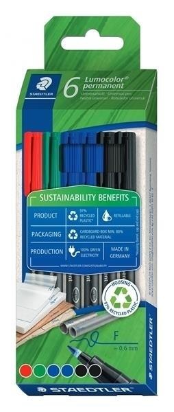 ESTUCHE ECO+ LUMOCOLOR PERMANENT MARKER 318 STAEDTLER, 6 PZAS SURTIDAS