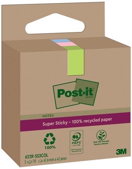 NOTAS ADHESIVAS POST-IT  SUPER STICKY RECICLADAS 47,6 X 47,6 MM SURTIDOS 70 HOJAS 622 RSS3COL POST-IT 7100284577