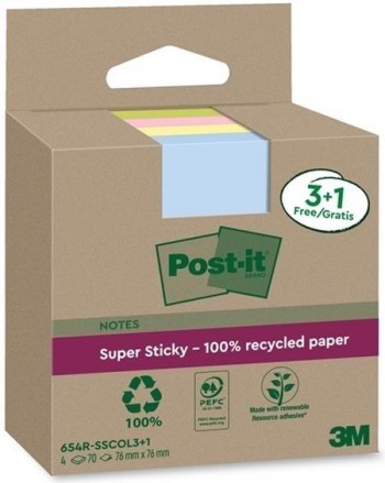 NOTAS ADHESIVAS POST-IT  SUPER STICKY RECICLADAS 76 X 76 MM SURTIDOS 654 RSSCOL3+1 POST-IT