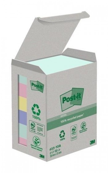 NOTAS ADHESIVAS POST-IT  RECICLADAS 38 X 51 MM COLORES SURTIDOS CAJA CARTÓN 653-1GB POST-IT